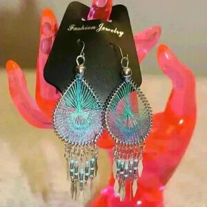 Like New Tear Drop Silk Thread Earrings in a Chameleon Blue, Green And Purple